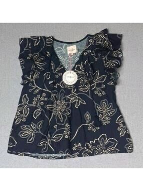 NWT! Umgee Blouse Womens Size Small Navy Blue Vneck Ruffles Fring Strings Short